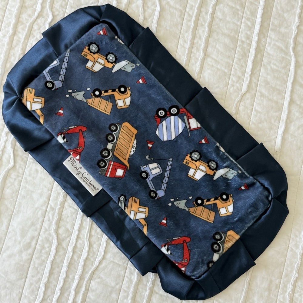Baby Blanket Lovey Blue Trucks Satin Trim Soft 10x19 Minky‎ Security Blanket